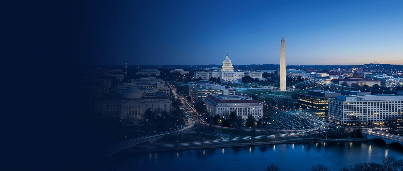 Firefly Gemini Flash Ultra wide 21 9 website hero background Washington DC at blue hour transitioning to 28272